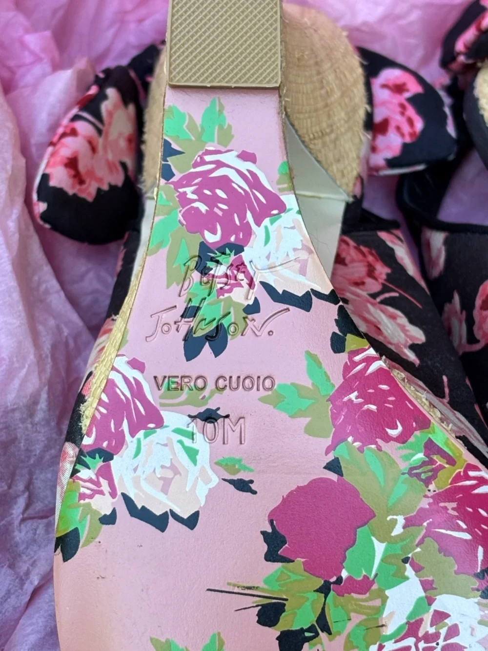 NIB Vntg Betsey Johnson Rose Print Espadrille Slingback Bow Wedges Sz. 10M